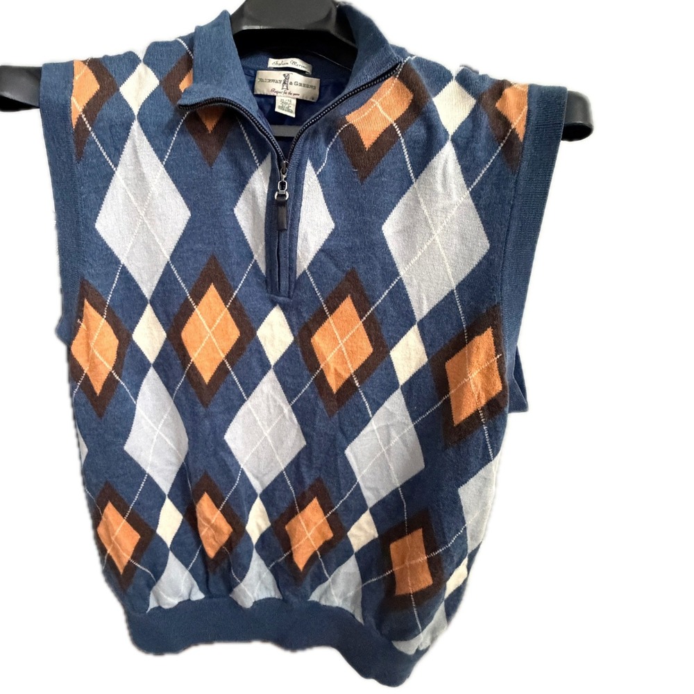 FAIRWAY & GREENE Italian Merino Wool Argyle 1/4 Zip Sweater Vest XL